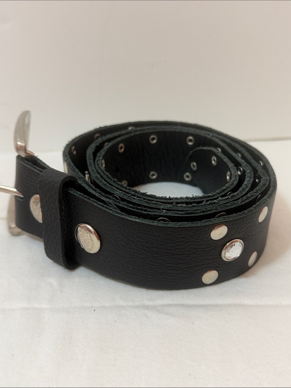 Harley-Davidson Black Leather Studded Belt with Crystals and Silver Logo Emblems - Picture 2 of 11